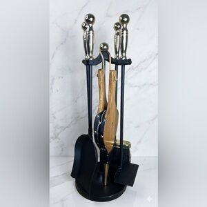 Hand Forged Wrought Iron Fireplace Tool Companion Set with Stand - 6 Pieces